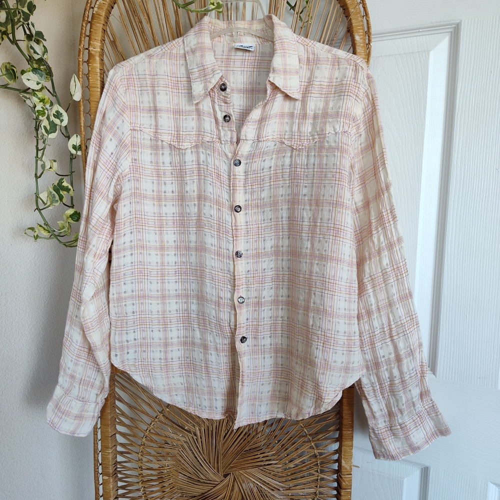 CP Shades Lightweight Plaid Button-Down in Pale Pink & Cream
